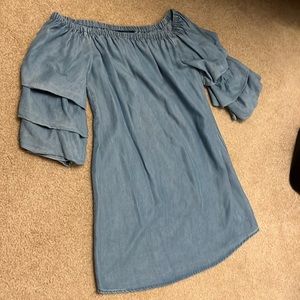Size Medium off the shoulder denim dress. From Francesca’s with ruffle sleeves.